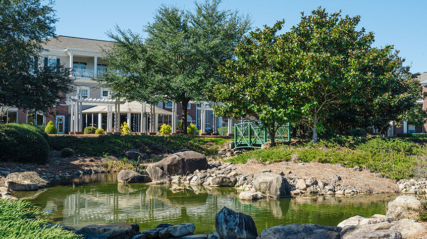 Landscape view of the stream and bridge at Carlyle Place.